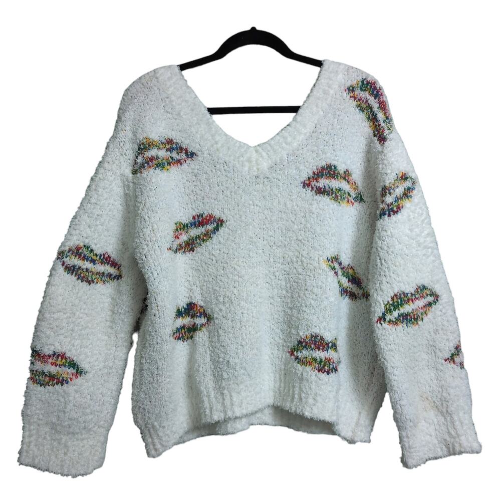 POL Lip Sweater Rainbow Kisses Chunky V-Neck Multicolored FLAW